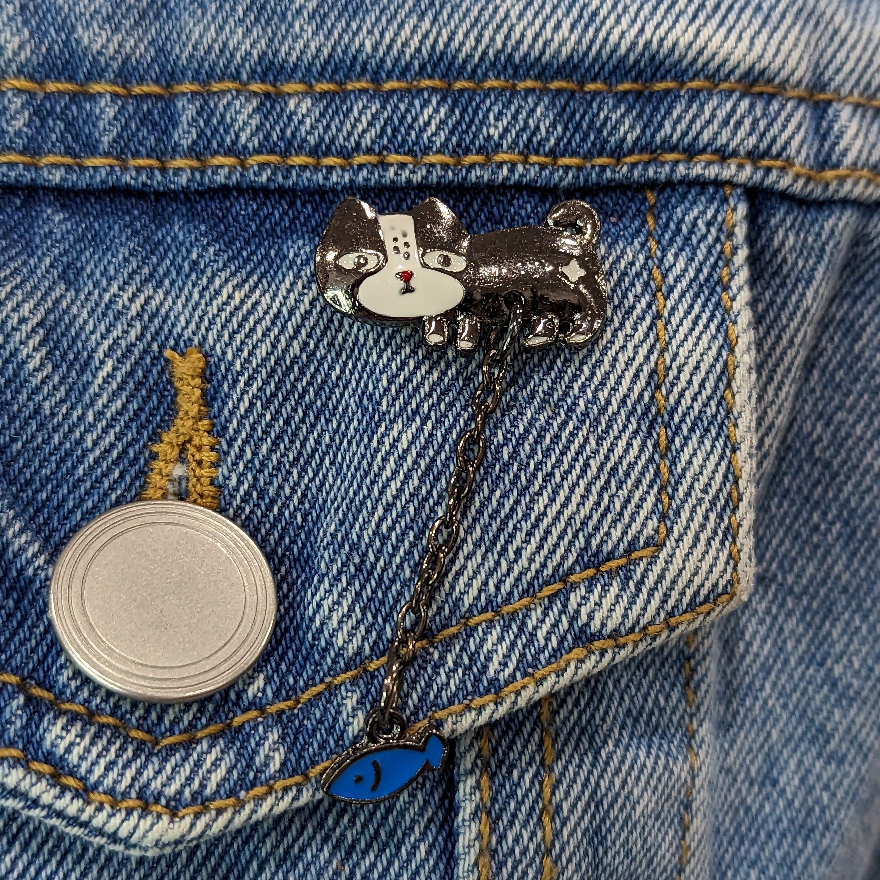 Enamel Pin - Tuxedo Cat with Dangling Fish