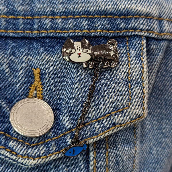 Enamel Pin - Tuxedo Cat with Dangling Fish