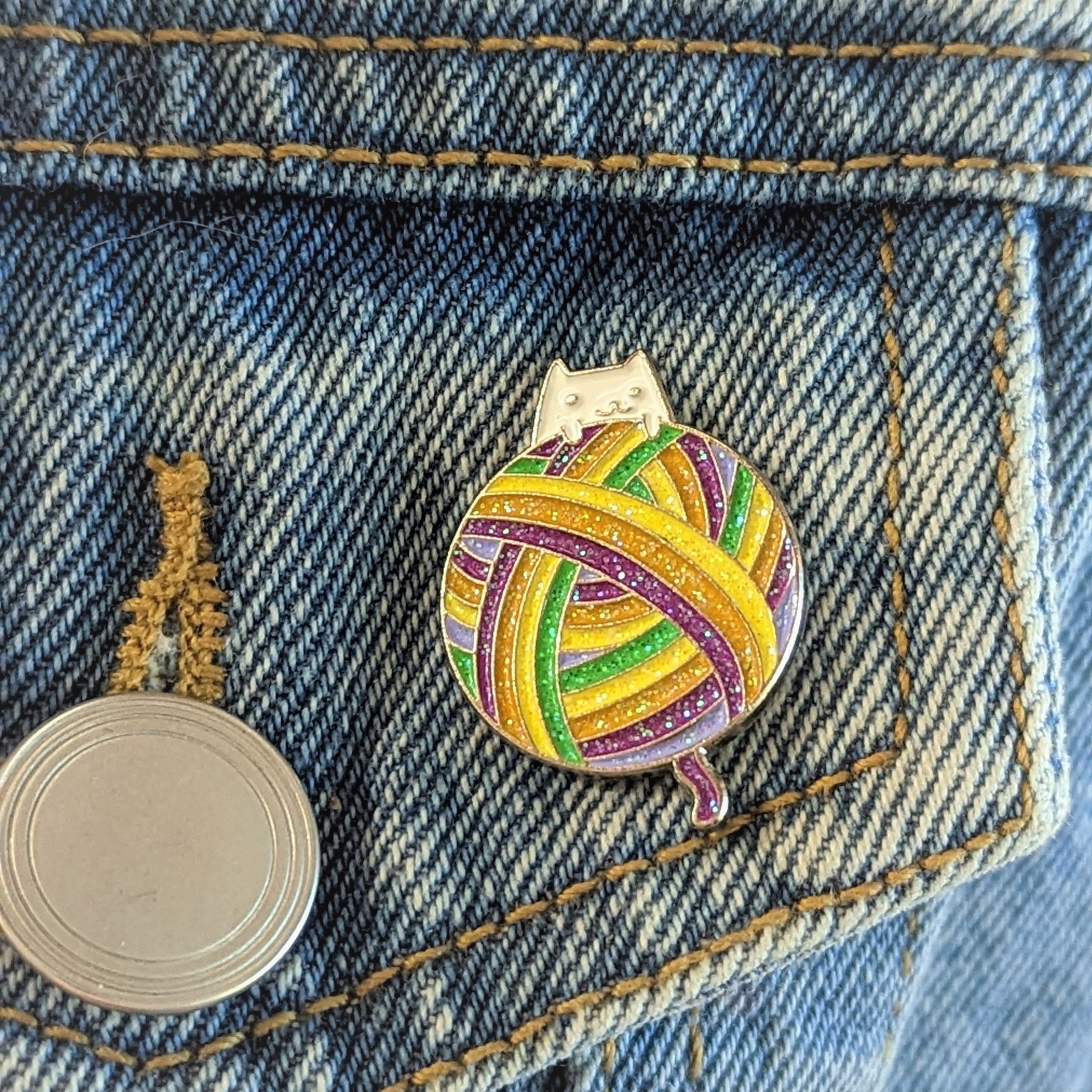 Enamel Pin - Rainbow Ball of Yarn with Cat