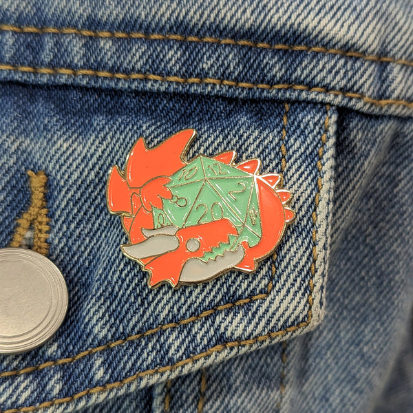 Enamel Pin - Green D20 With Orange Dragon